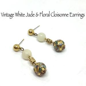 Vintage White Jade & Floral Cloisonne Earrings